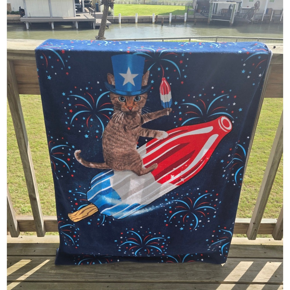 Cat Patriotic Firework Rocketpop Beach Towel Navy Blue 61x32 Spirit of America